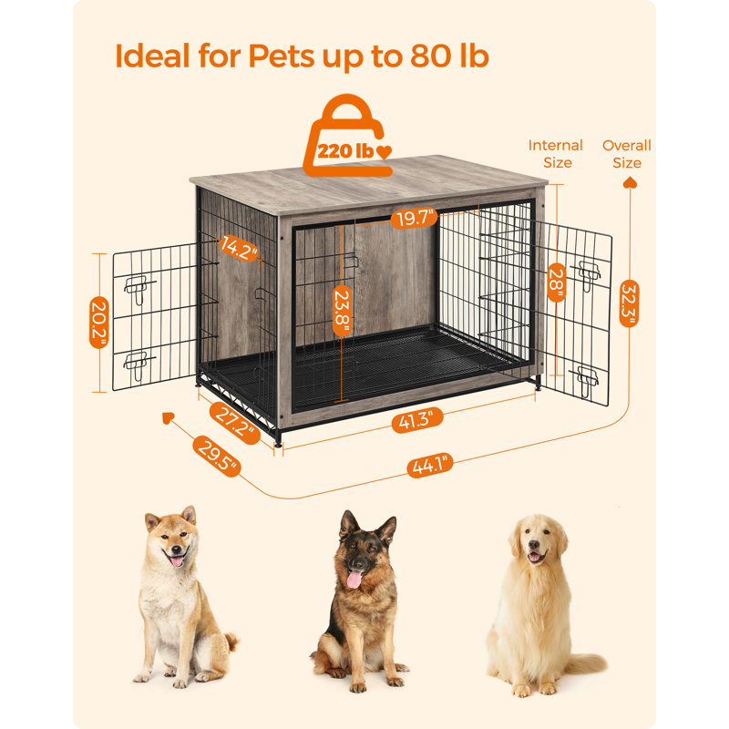 Meuble pour cage Lofland avec portes doubles pour petits et grands chiens, H 32,3 po x l 44,1 po x P 29,5 po, Heather Greige