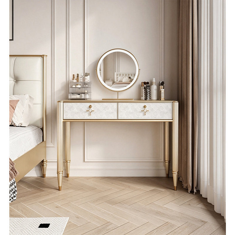 Coiffeuse de chambre à coucher en bois de cerisier de style luxueux et lumineux avec comptoir incrusté de coquillages