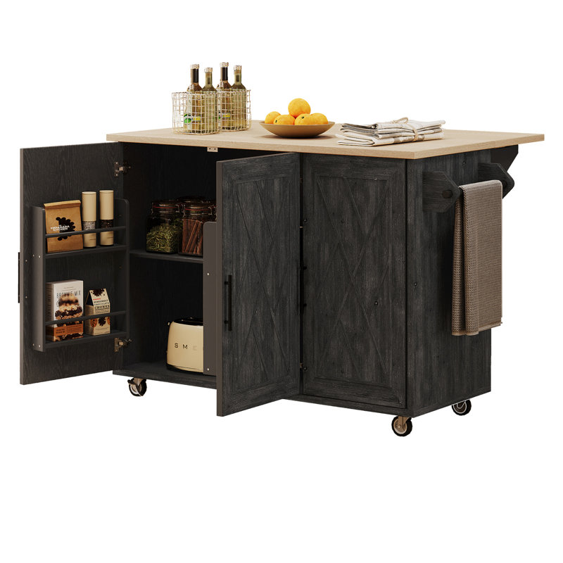 Geometric Textured Kitchen Island With Drop Leaf, Farmhouse Kitchen Island On Wheels With Internal Storage Rack And Adjustable Shelves, Rolling Kitchen Cart With Towel Rack For Kitchen,