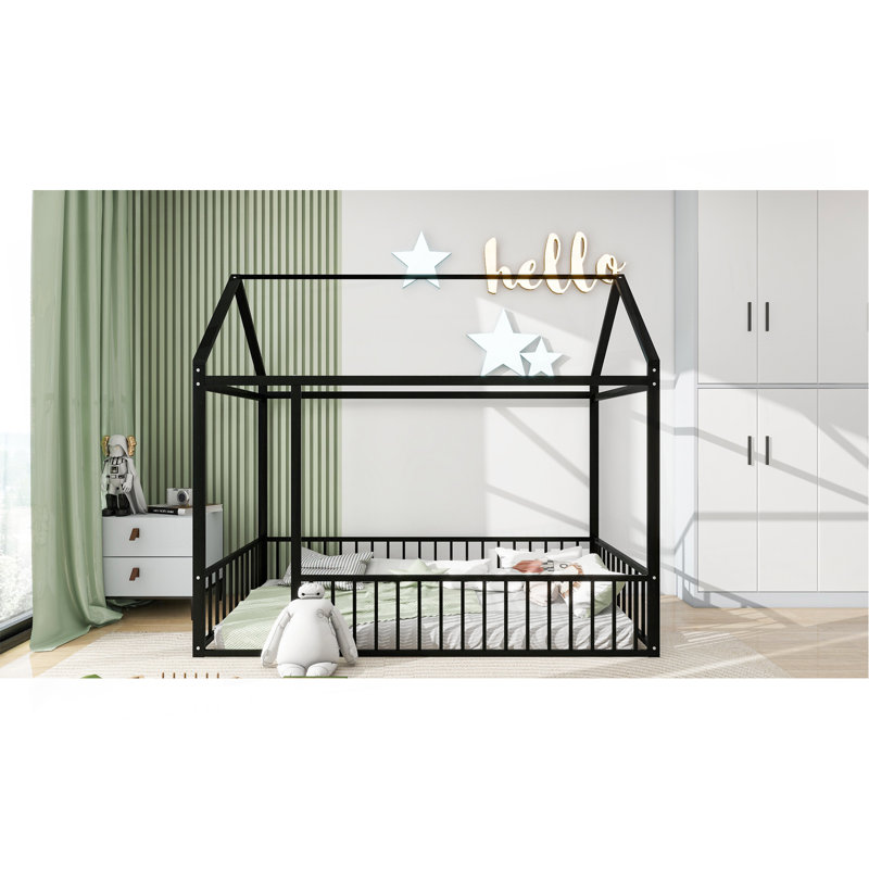 Structure de lit simple en métal avec clôture, pour enfants, adolescents, filles, garçons, noir, Noir