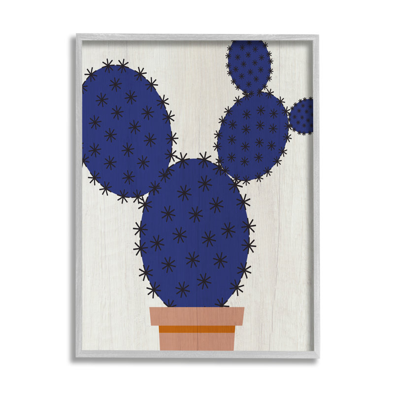 Cactus moderne en forme de figuier de Barbarie abstrait bleu succulent surdimensionné encadré noir, art texturé par Daphne Polselli