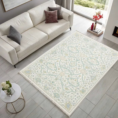Netline Home Collected Border Muted Green Floral Washable Rug