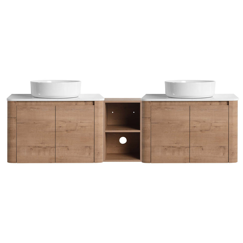 Meuble-lavabo mural 72 po avec lavabo d'art en céramique, 1 tablette de rangement et 4 portes à fermeture en douceur