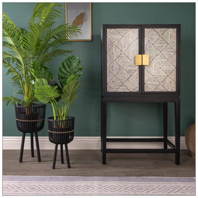S/2 BAMBOO FOOTED PLANTERS 10/12", BLACK