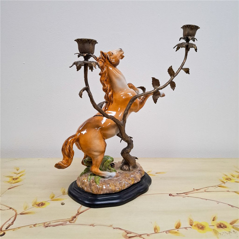 Porcelain Horse With Bronze Candle Holders on Wood Base