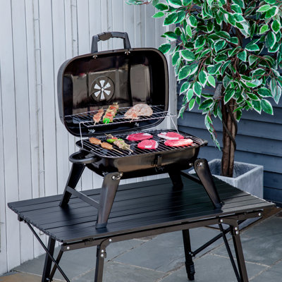 Barbecue au charbon de 14 po - portatif pour les barbecues d'extérieur, recouvert d'émail, évent, pieds pliants, surface de cuisson de 223 pi2, Black Adventures 14 po, enduit, plateau de table