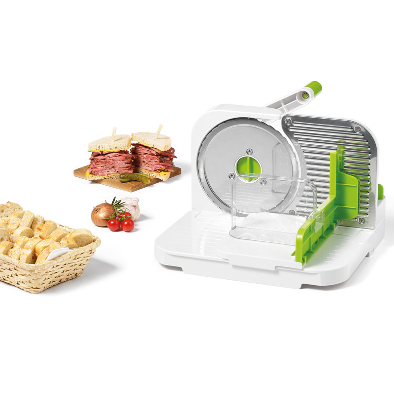 Compact Green and White Manual Deli Slicer with Stainless Steel Blade