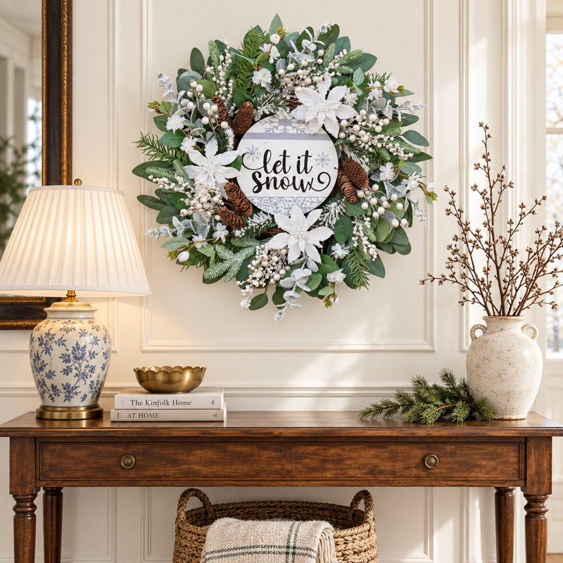 Couronne de flocon de neige de 24 pouces avec eucalyptus vert, décor de porte d'entrée rustique pour Noël d'hiver