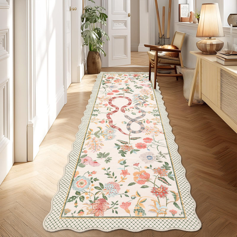 Farmhouse Floral Rug Washable Rug Non Slip Modern Scalloped Carpet, Soft Non Shedding Indoor Carpet, Low Pile Thin Foldable Printed Mat