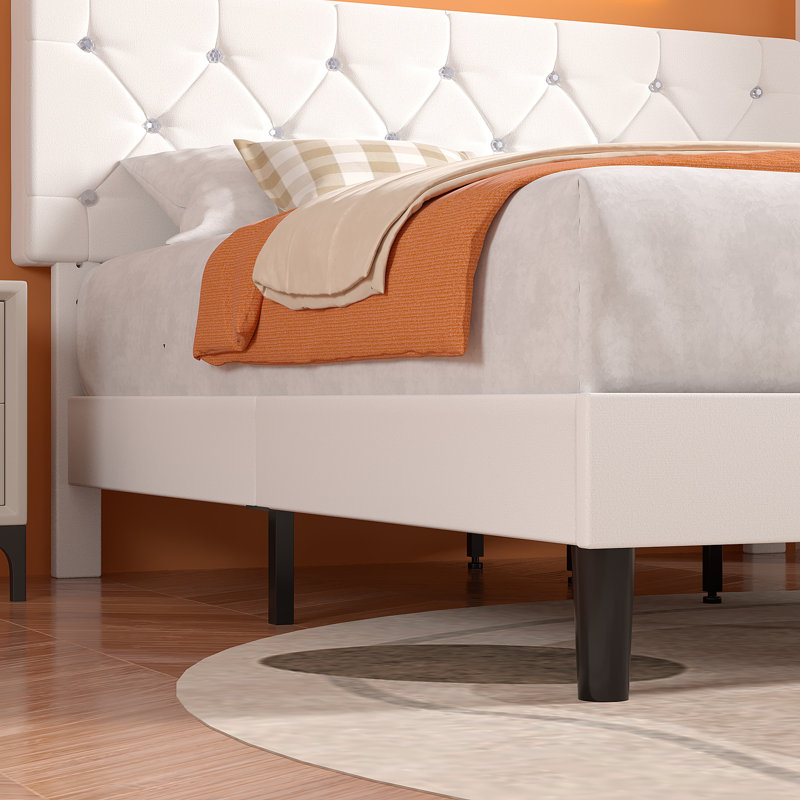 White Full Size Velvet Upholstered Platform Bed Frame With Diamond Tufted Headboard, Full, White