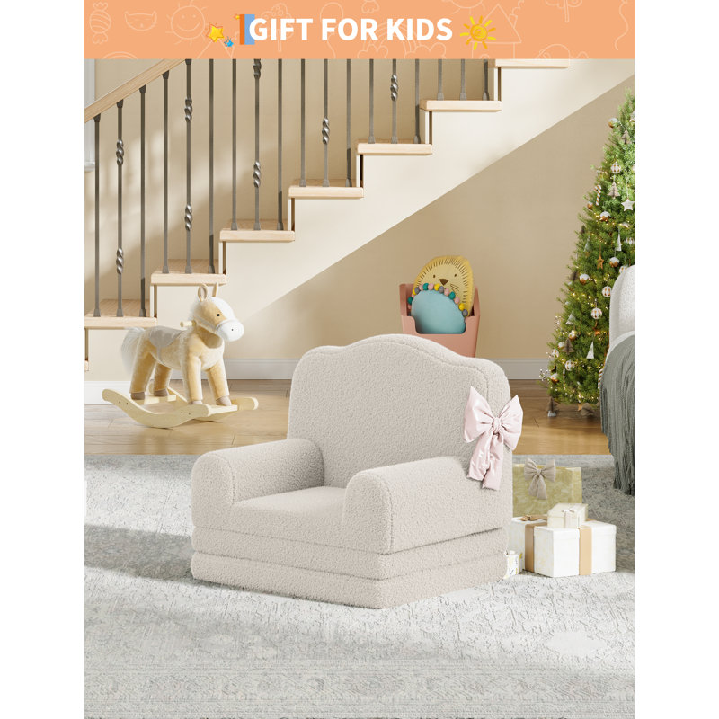 Kids Sofa Chair, Sherpa Convertible Toddler Couch with Washable Cover, Crown Design Comfy Children's Reading Chair, Fold Out Sofa Bed for Playroom, Nursery