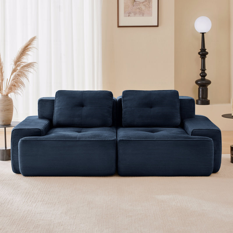 Canapé modulaire en forme de L de 82 po pour 2 personnes, siège en tissu de velours côtelé, assise profonde, passepoil perlé, conception capitonnée