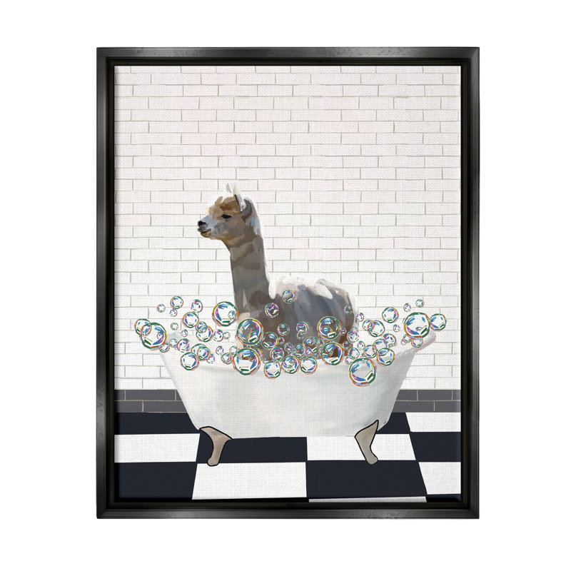 "Lama dans la baignoire", art mural encadré par Amelia Noyes, H 21 po x l 17 po x P 1,7 po, Cadre flottant noir de jais