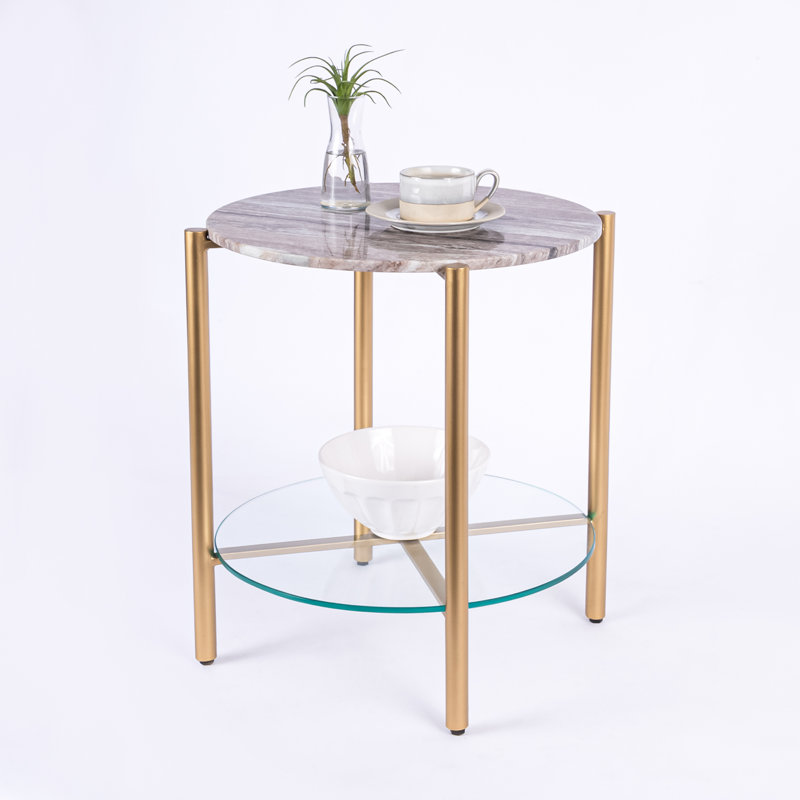 Ansted Marble/Glass Top End Table with Storage, Gold, Brown