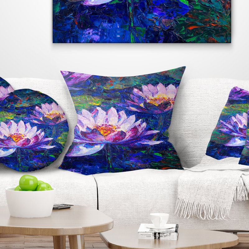 Coussin de peinture à l’huile avec fleurs lotus, 16 po x 1 po, Coussin décoratif