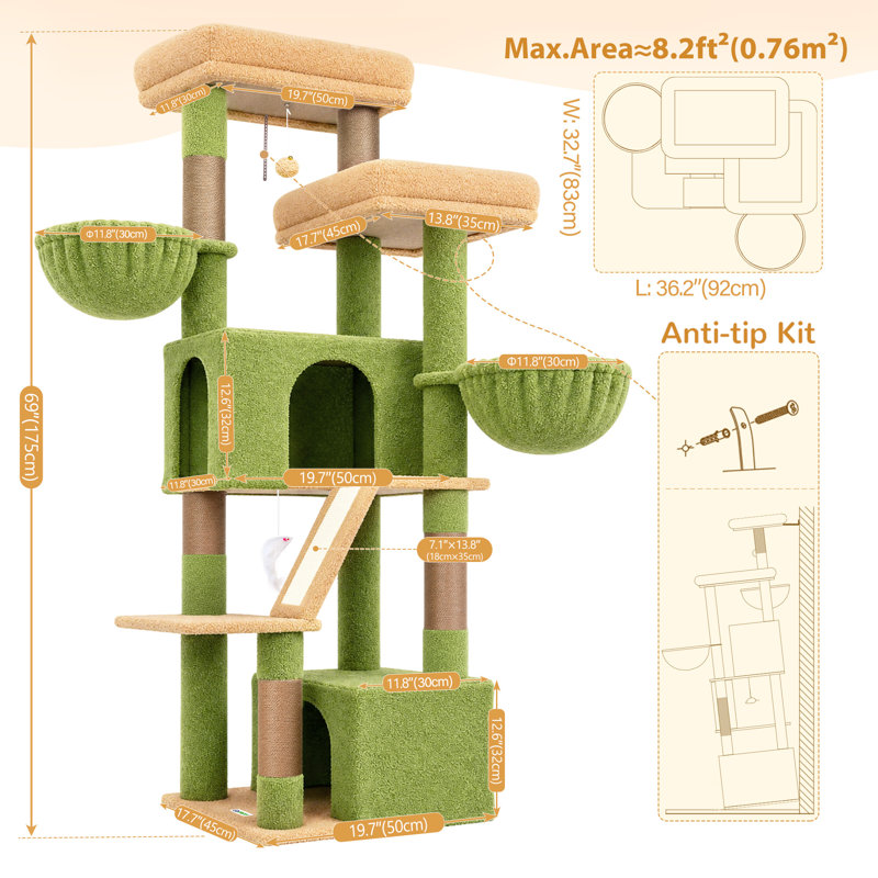 Arbre à chat 69 po pour 2-3 grands chats, tour à chat multi-niveaux avec condos, hamac et planche à gratter intégrée pour une escalade sans couture, vert