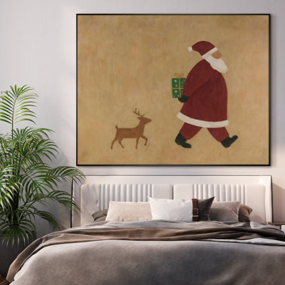 Très grand imprimé mural d'art sur toile - Père Noël marchant avec un renne, décor de scène de Noël pour le salon ou la chambre à coucher - «Assemblage requis du cadre (cadre non fini)»