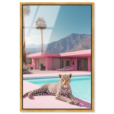 Art mural en verre acrylique lustré encadré «Leopard Pink House» par Art Remedy, cadre doré, 24 x 36