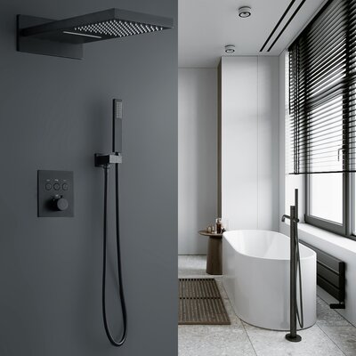 19.68*9.44"" High Pressure Thermostatic Shower System, Brass Wall Mounted Shower Faucet Set with Rain&Waterfall Shower Head and Handheld Spray -  RBROHANT, RCS85015MBUS