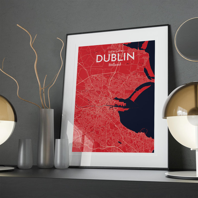 «Dublin City Map», impression de luxe, Rouge / bleu marine, H 27,6 po x l 19,7 po