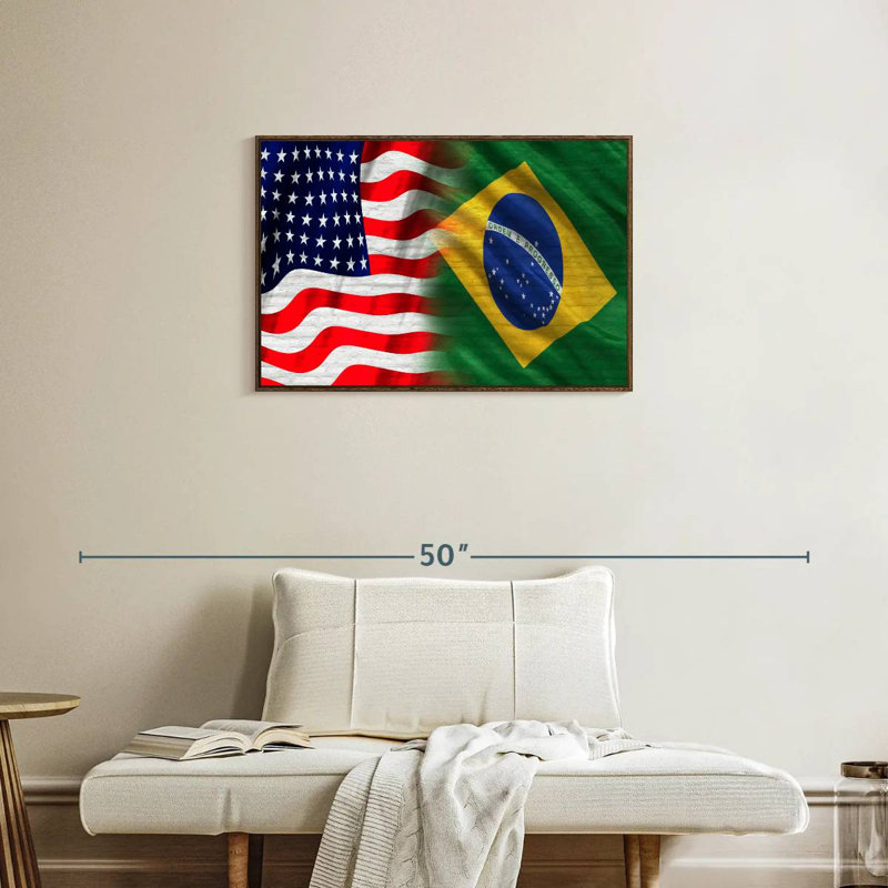 Drapeau des États-Unis et du Brésil, Cadre flottant en noyer, 31 po x 21 po