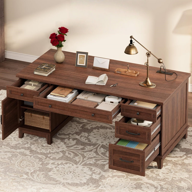 Executive Desk with Power Outlet, Home Office Desk with Drawers, Wooden Work Desk with File Cabinet, Computer Desk for Work, Study, Writing