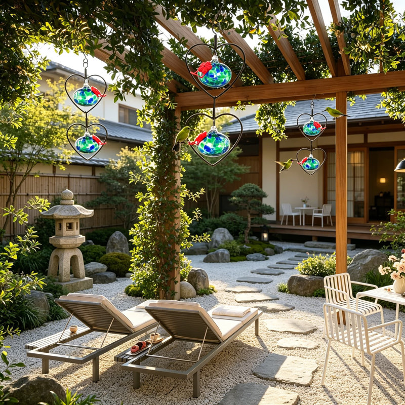 6 mangeoires pour colibris en forme de cœur pour l'extérieur, 6 mangeoires d'oiseaux en verre soufflées à la main empilables et flexibles avec 6 perchoirs réglables pour la cour de jardin