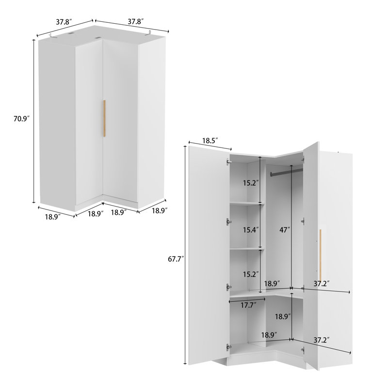 Garde-robe de coin à 2 portes avec tringle suspendue et 6 tablettes intérieures, rangement pour garde-robe de chambre à coucher peu encombrant