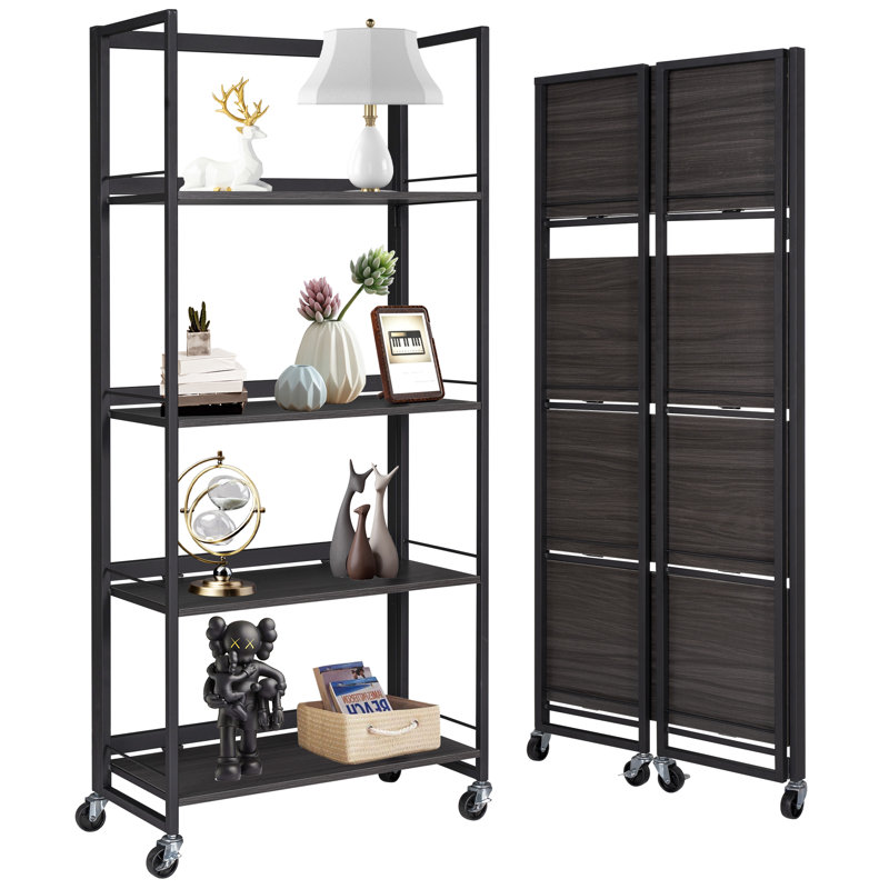 Bibliothèque pliante à 4 niveaux avec roulettes, support de bibliothèque en bois sans assemblage pour bureau à domicile (gris noyer)