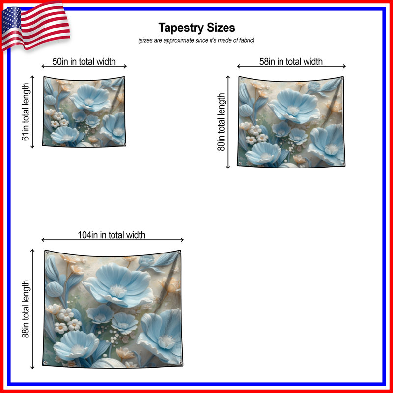 Tapisserie murale fleurs bleues et beiges bleues, H 50 po x l 60 po avec 4 œillets