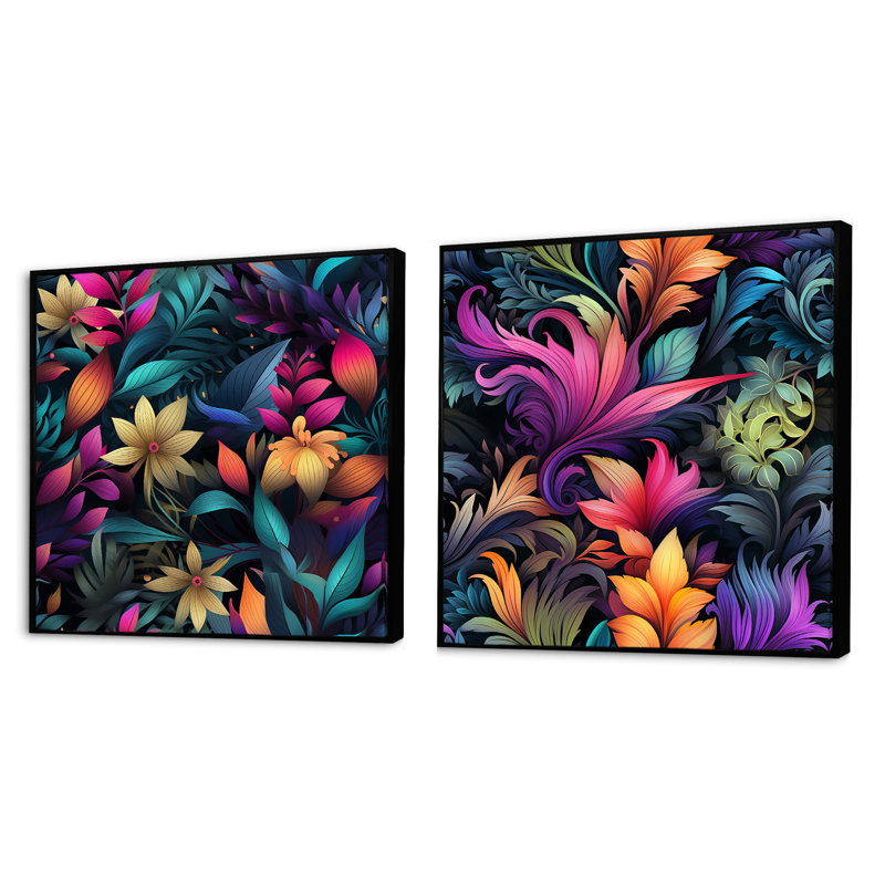 Buglosse - Ensemble de 2 collages carrés botaniques abstraits, Cadre flottant noir, H 36 po x l 73 po