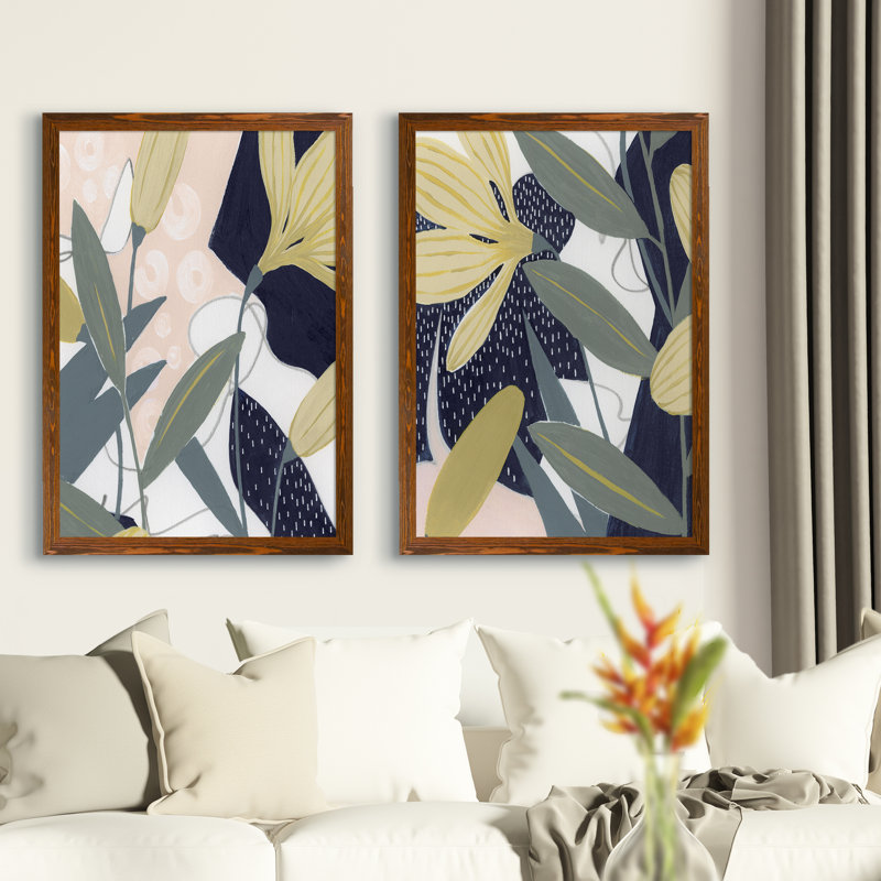 Flores Noche IV - Ensemble de 2 peintures sur toile encadrées, H 24 po x l 18 po x P 1,25 po, Toile avec cadre érable