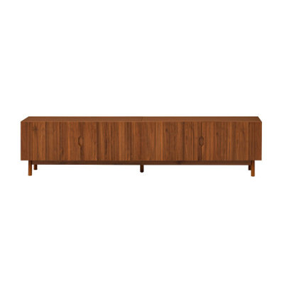 Meuble télé 87 pouces (221 cm) pour téléviseurs jusqu'à 88 pouces (224 cm), console multimédia avec 4 placards, pieds en bois massif, panneau à rainures verticales, pour salon, centre de divertissement moderne