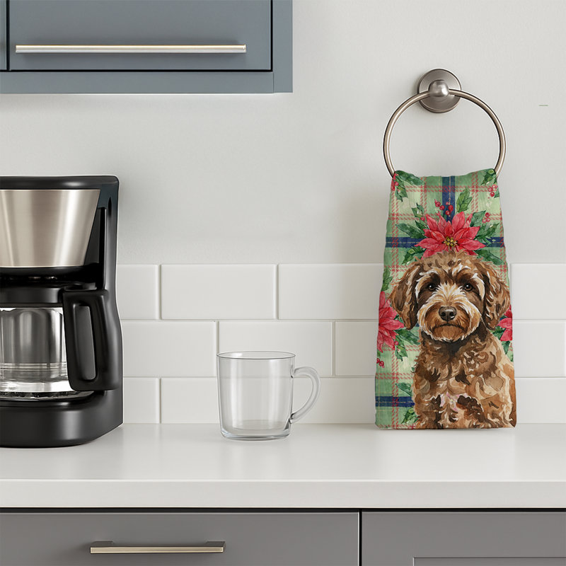 Spanish Water Dog Christmas PoinsettIas Kitchen Towel, Brown Spanish Water Dog