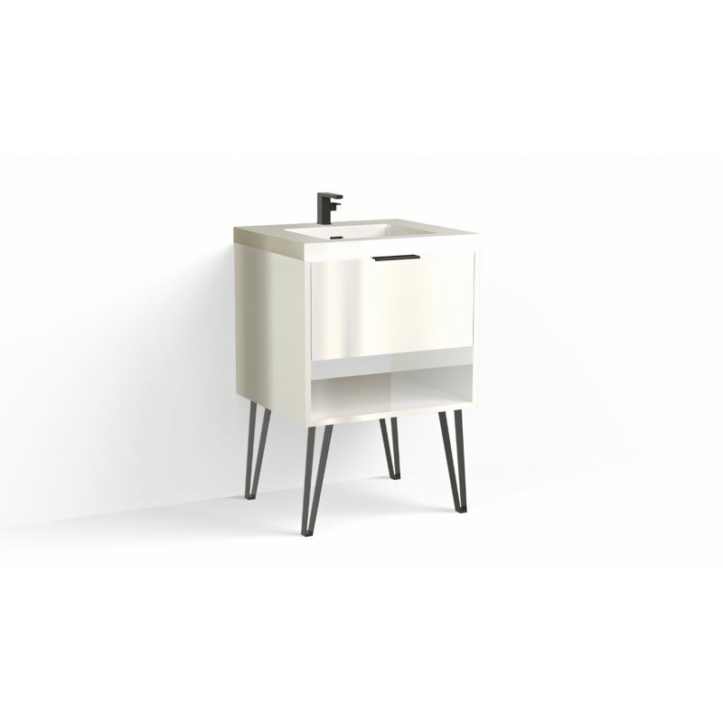 Modo 24" W Freestanding Single Bathroom Vanity with Dawson Leg, Gloss White/Single, Matte Black, White Acrylic