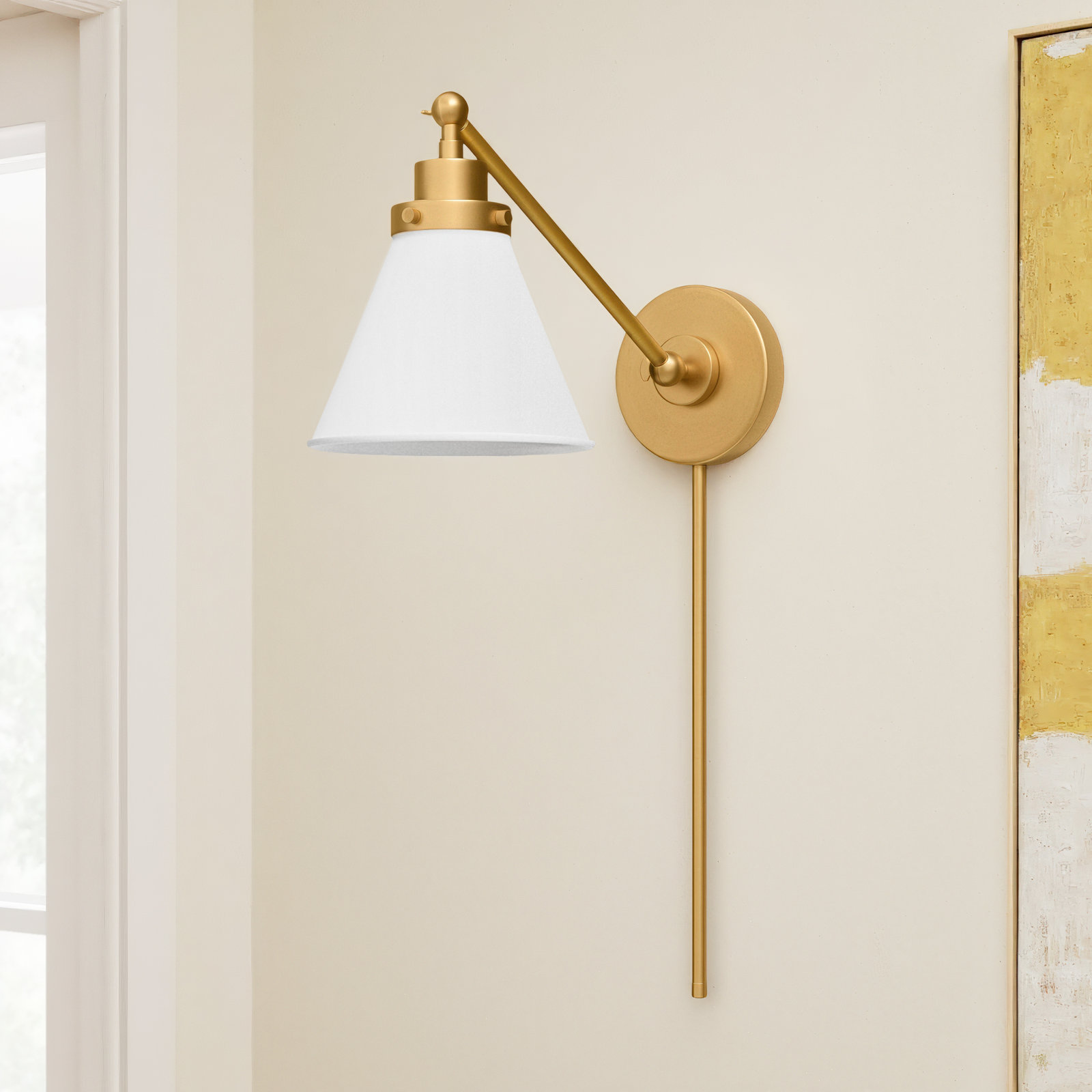 Single Light Dimmable Swing Arm Sconce, White, Gold