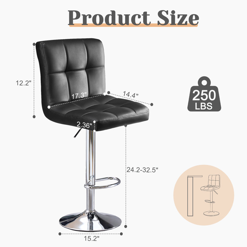Vegan Leather Swivel Adjustable Height Bar Stool, Black