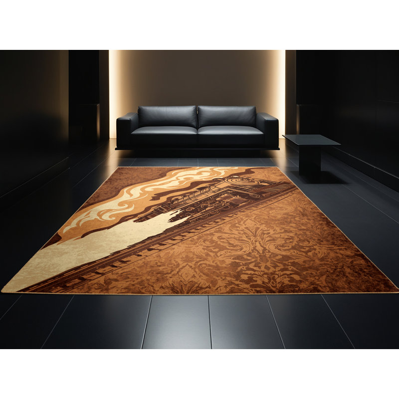 Tapis damassé rétro brun foncé lavable à la machine - train brun clair, 3 X 5