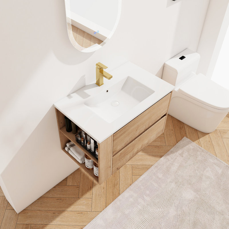 Meuble-lavabo de salle de bain avec lavabo en céramique et 2 tiroirs - montage mural en chêne imitation et fermeture en douceur