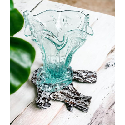 Molten Glass On Teak Wood Vase Modern Fluted Tabletop Planter Whitewash Vintage Finish