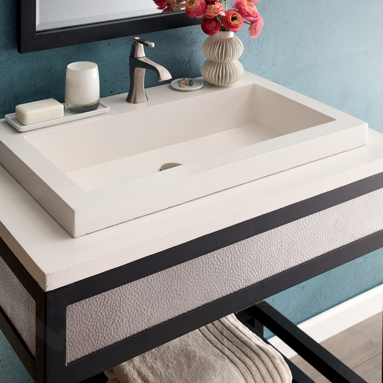 Trough Handmade Rectangular Drop-In Bathroom Sink, Pearl, Single Faucet Hole