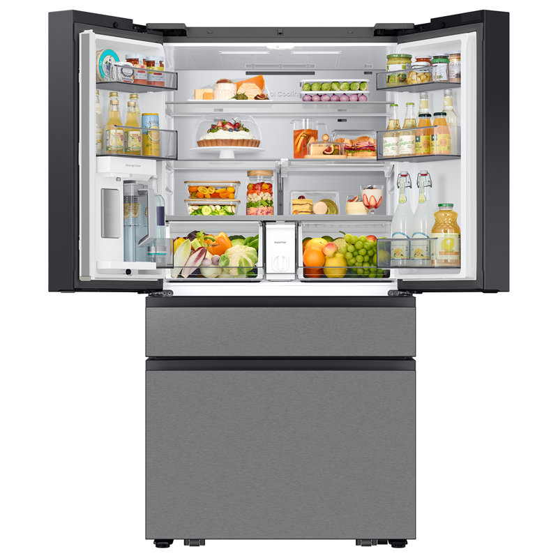 Samsung Bespoke 23 cu. ft. Counter Depth 4-Door French Door Refrigerator with AI Family Hub+ & Inner Beverage Center in Charcoal Glass and Stainless Steel