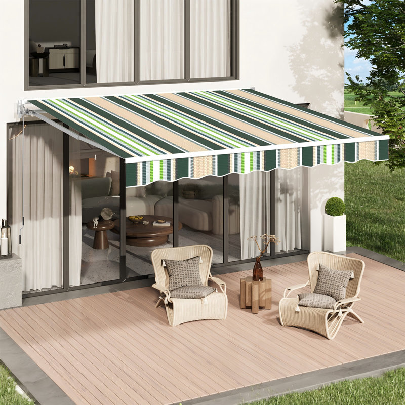 AECOJOY Manual Retraction Slope Patio Awning, 98.4" W x 78" D, Mixed Beige Green Stripes, Striped