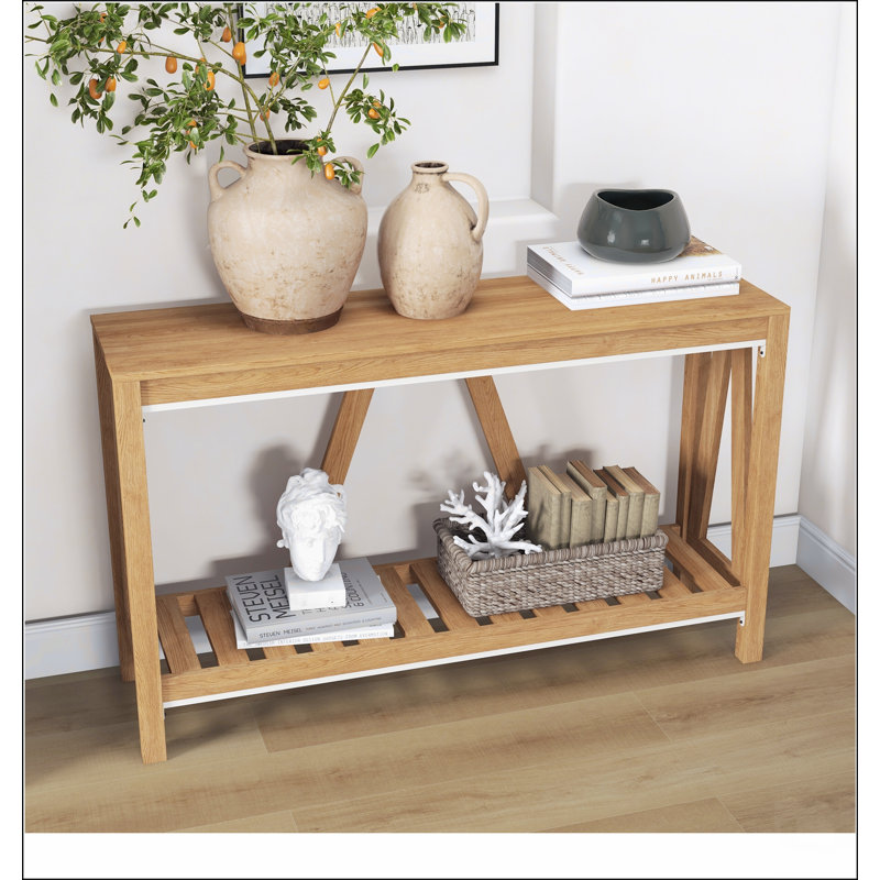Console Table, Farmhouse Entryway Table with Storage Slatted Shelf, Rustic Sofa Table, Brown