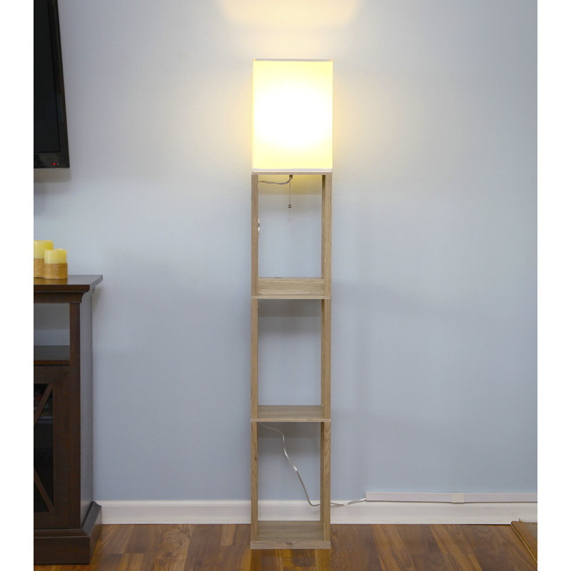 Lampe sur pied DEL à 3 tablettes avec abat-jour carré en tissu Maxwell 63 po., Beige, Bois