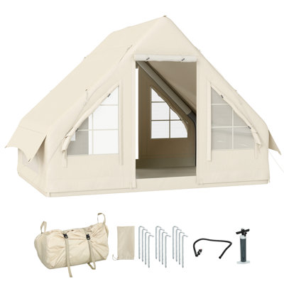 Tente de camping gonflable avec pompe à main, tente gonflable 4 saisons facile à installer, tente de glamping imperméable et coupe-vent, tente gonflable de luxe avec fenêtres en filet, portes et sac de transport, pour 3 personnes