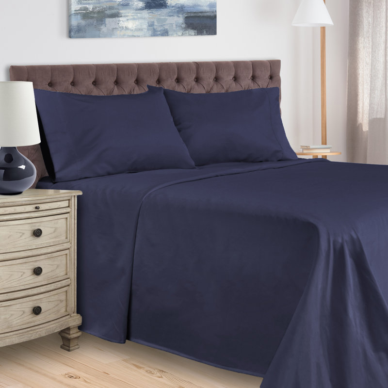 BNM Gisla Deep Pocket 400-Thread Count Standard Cotton Solid Sheet Set, Olympic Queen Sheet Set with 2 Pillowcases, Navy Blue