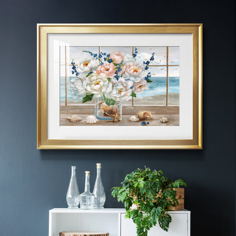 Fenêtre côtière - peinture encadrée, H 22,5 po x l 30,5 po x P 1,5 po, Papier avec cadre doré