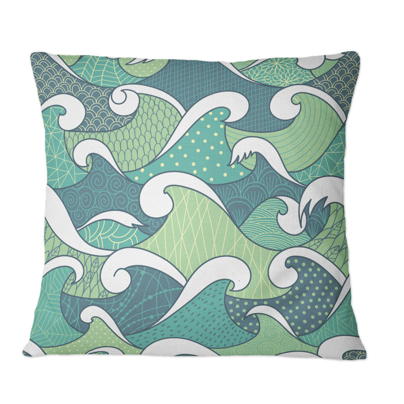 Coussin décoratif à motif abstrait bleu et vert Sea Waves, 16 po x 16 po