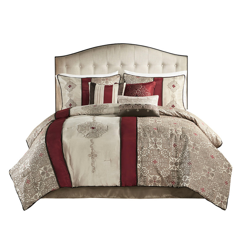 Queen Comforter - Red With Solid Details Bed 100% Filling & Shams, Red, Queen Comforter + 6 Additional Pieces